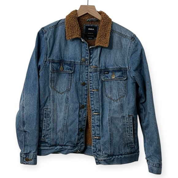 RVCA Men's Sherpa Lined Denim Jacket Size M Blue Jean Trucker Fleece Collar - Picture 1 of 9